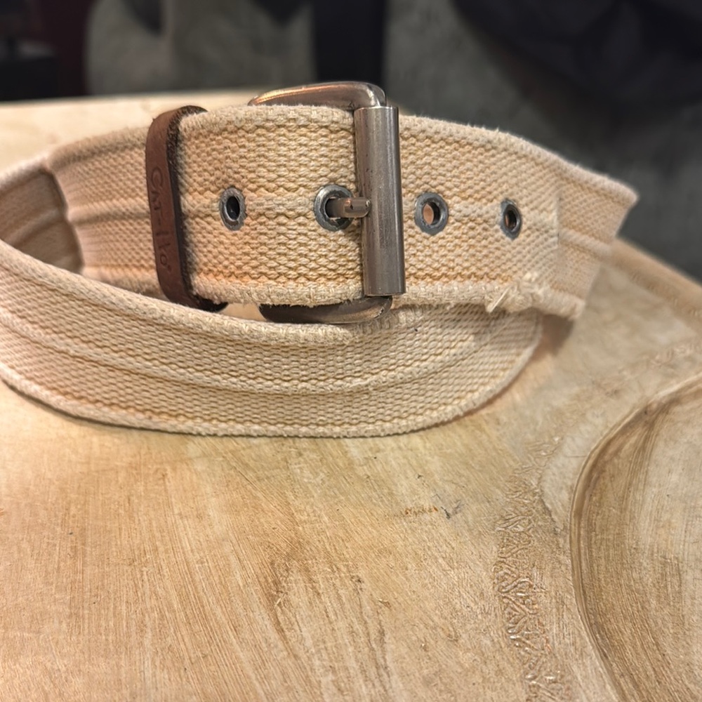 Cream and Brown Canvas Belt with Metal Buckle